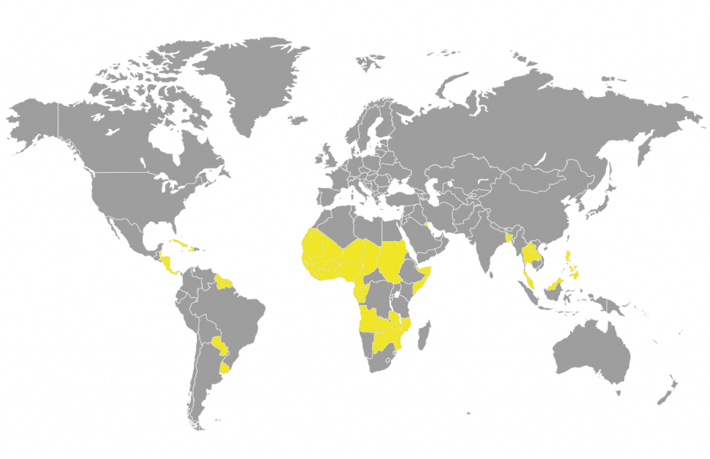 mapa sveta, sneh, krajiny, v ktorých nesneží