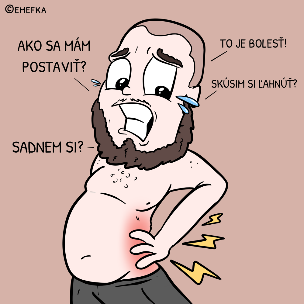 ilustrácie, vtipné komiksy, seknuté v chrbte, bolesť chrbta