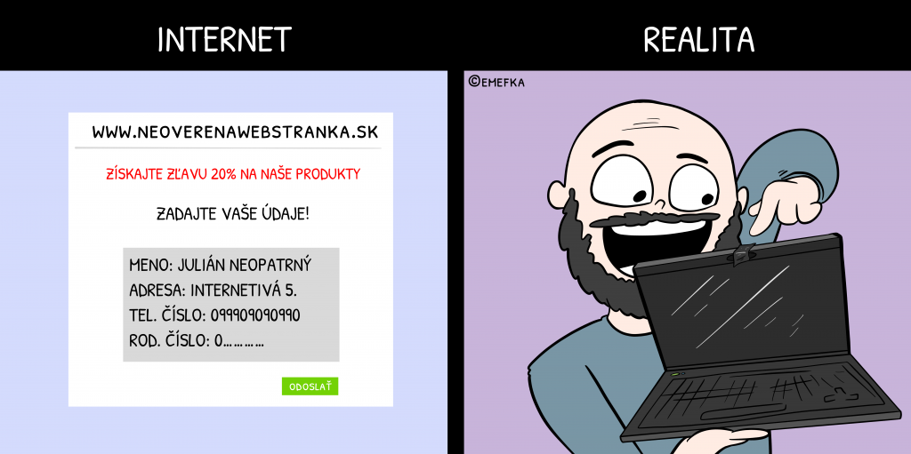 komiks, ilustrácia, bezpečnosť na internete, realita verzus internet, paradox, online nakupovanie