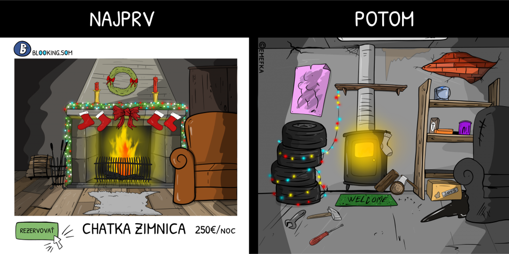 vtipné ilustrácie, komiksy, peniaze, vyhodené peniaze, ako ušetriť peniaze, chata na Silvestra