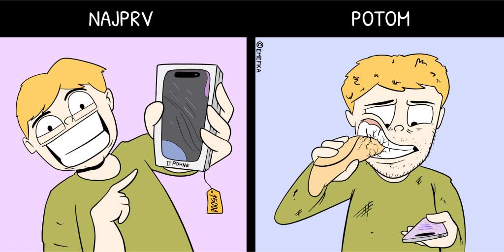 vtipné ilustrácie, komiksy, peniaze, vyhodené peniaze, ako ušetriť peniaze, drahý telefón, nový mobil