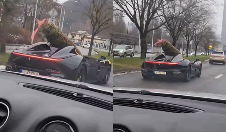 Po Banskej Bystrici sa preháňalo luxusné Ferrari s vianočným stromčekom