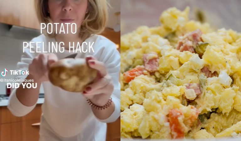 zemiakový šalát, šúpanie zemiakov, lifehack, trik, TikTok, virál, ako jednoducho ošúpať zemiaky varené v šupe