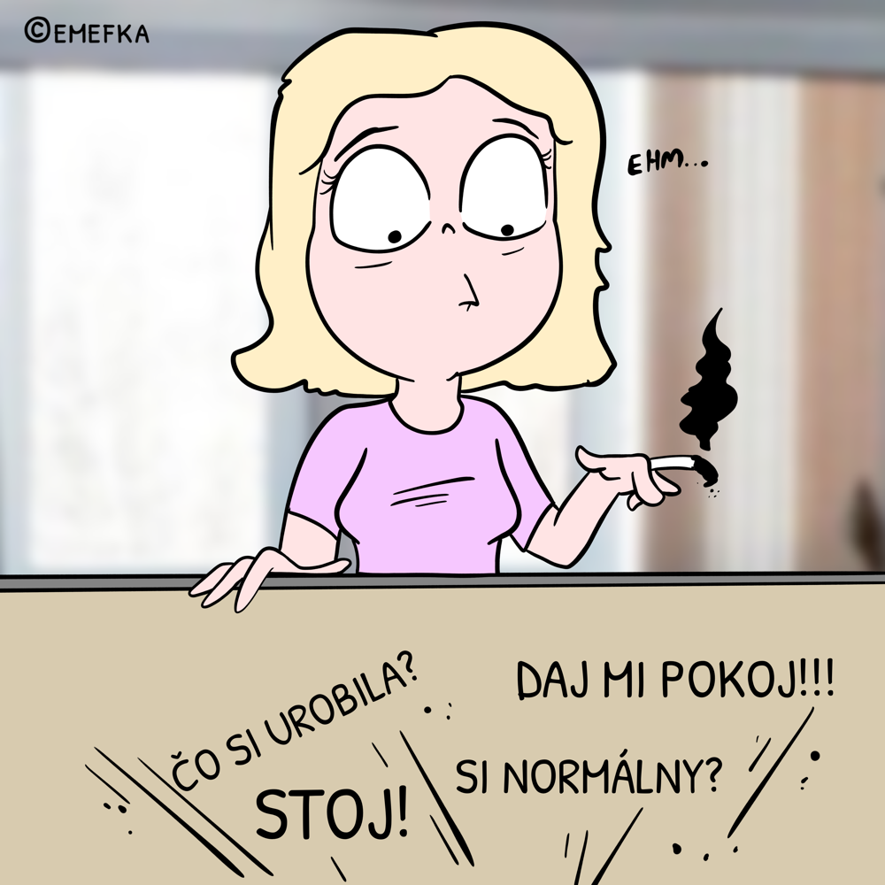 život v paneláku, vtipné ilustrácie, fajčenie na balkóne