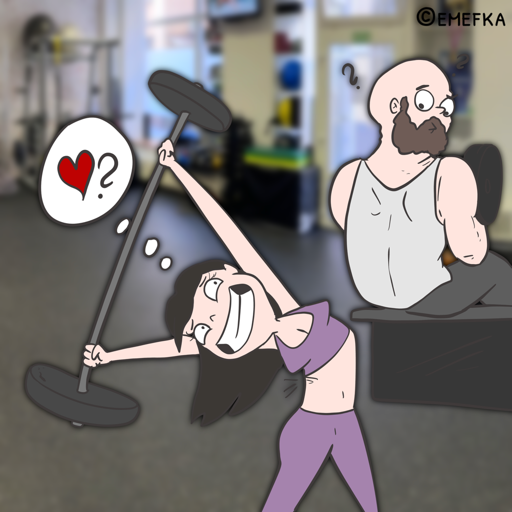 ilustrácia, komiks, zábava, ženy, fitko, fitness centrum, posilňovňa, cvičenie, problém