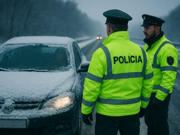 zima zasnežené auto policajti