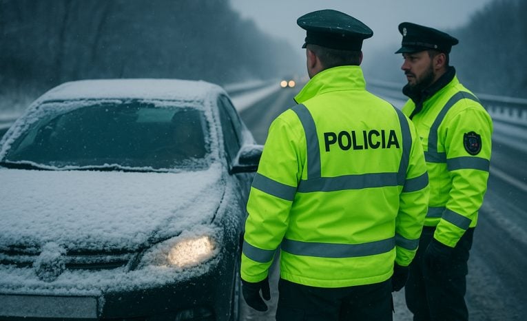zima zasnežené auto policajti