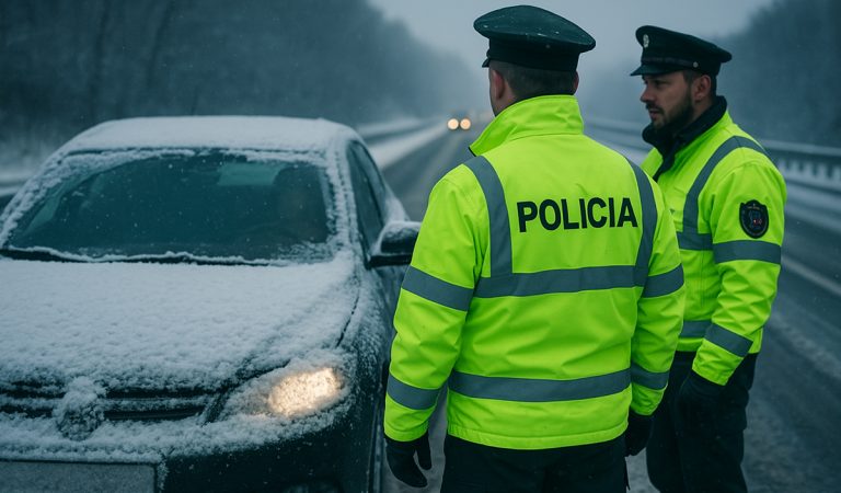 zima zasnežené auto policajti