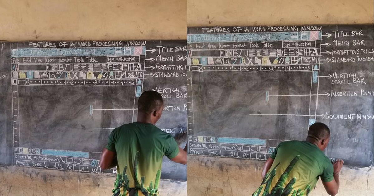 Učiteľ z Ghany učí deti základy MS Word-u pomocou kresby na tabuli