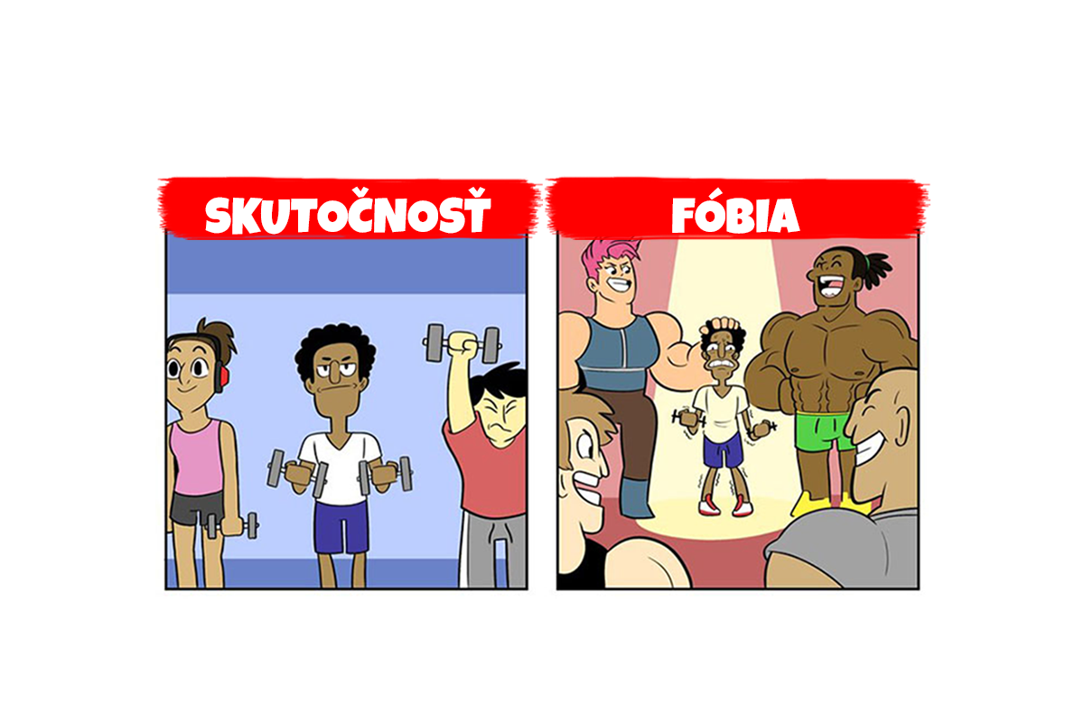 Komiksy zobrazujúce ako vnímajú svet „normálni“ ľudia a tí so sociálnou fóbiu