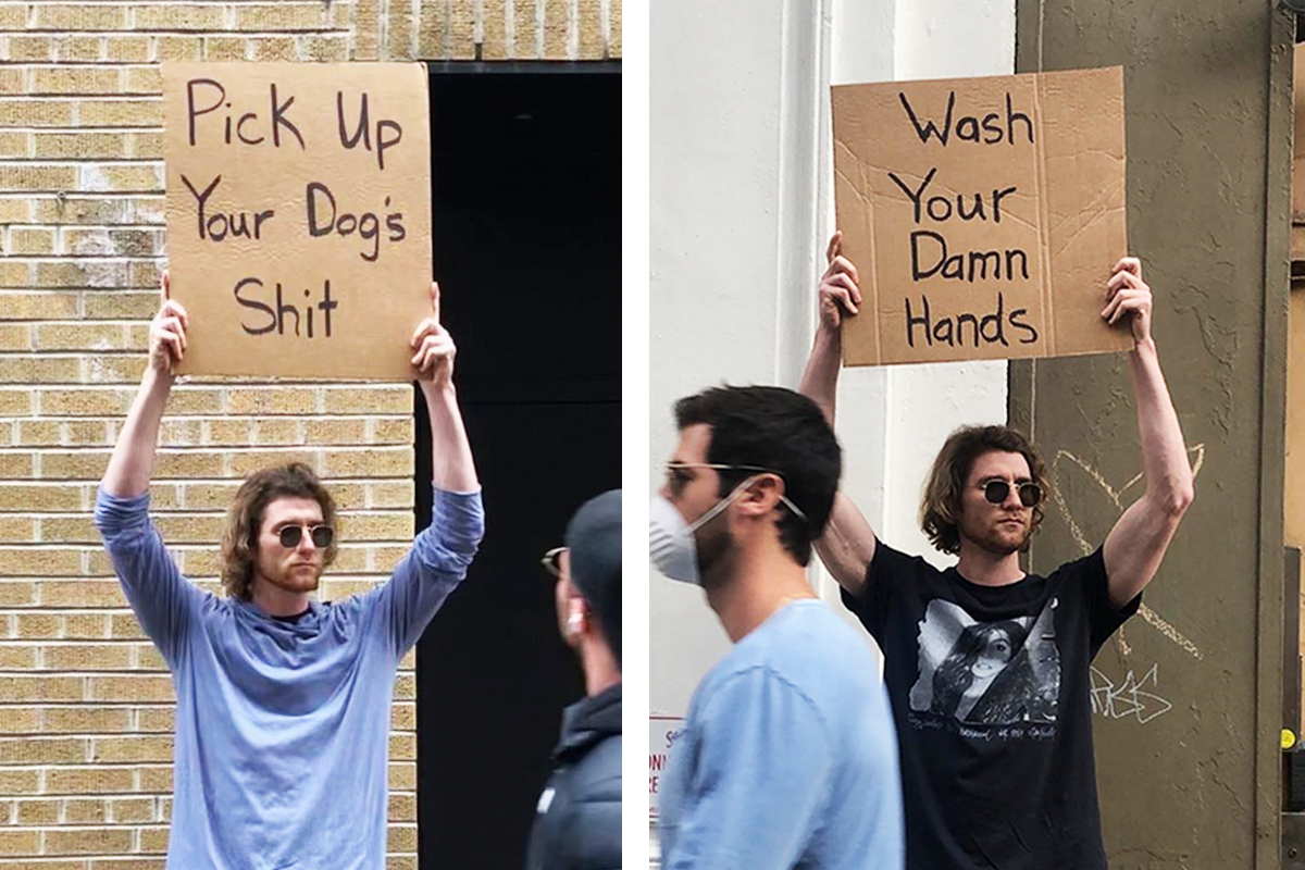Mladík protestuje proti všetkému, čo ho frustruje vtipnými transparentmi. Určite pobaví aj teba