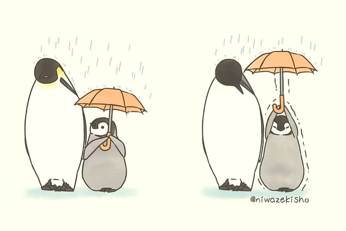 Umelkyňa kreslí krásne komiksy zobrazujúce problémy rozkošného tučniaka pri bežných činnostiach