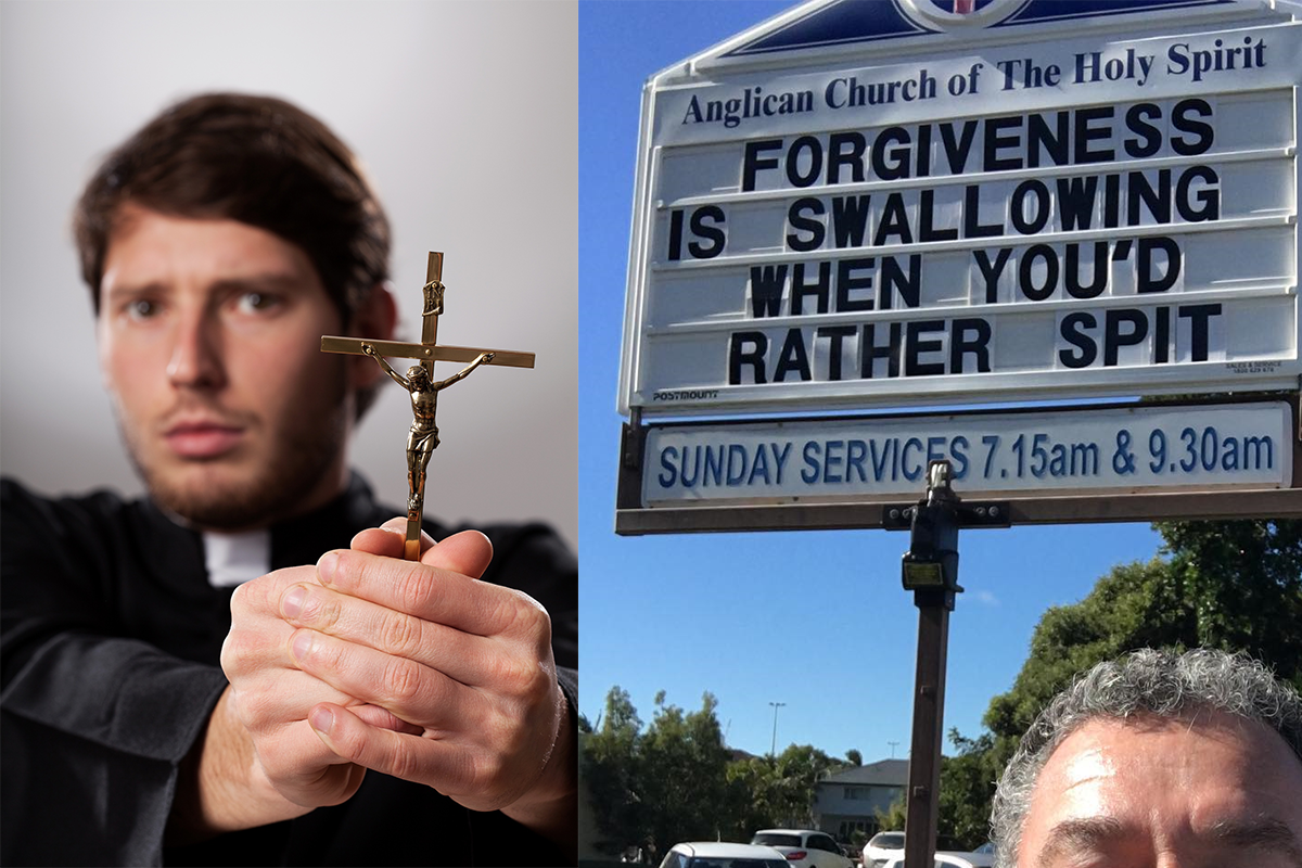Reverend láka ľudí do kostola dvojzmyselným pútačom o pľuvaní a prehĺtaní