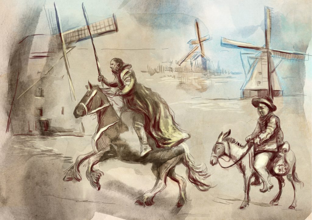 príslovie, vznik, pôvod, história, slovné spojenie, boj s veternými mlynmi, Dômyselný Don Quijote de la Mancha, román