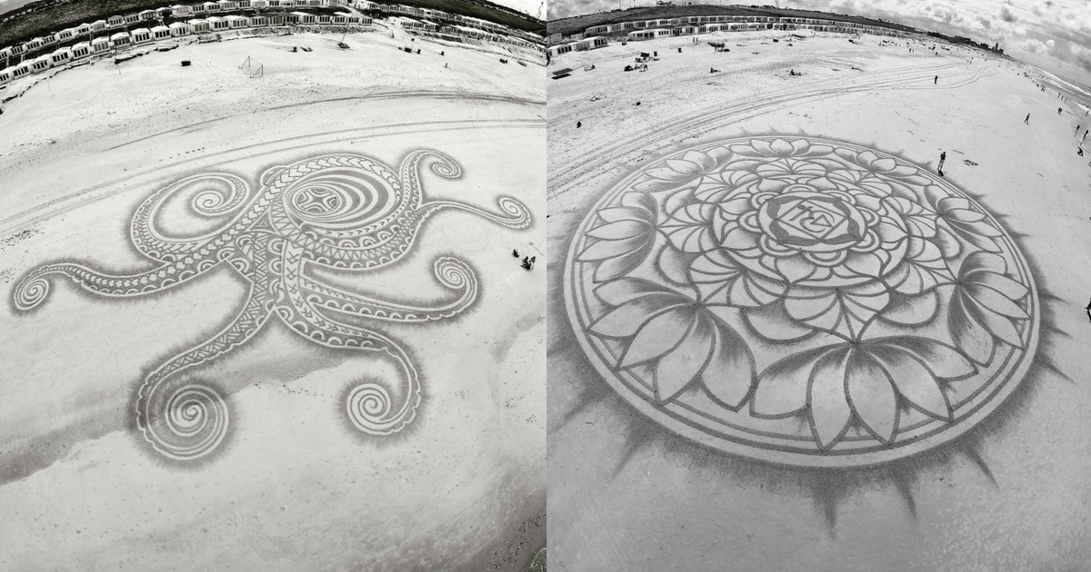 Muž kreslí na plážach do piesku neuveriteľné obrazce