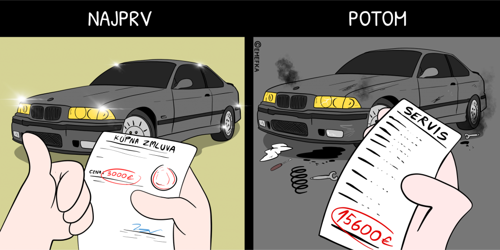 vtipné ilustrácie, komiksy, peniaze, vyhodené peniaze, ako ušetriť peniaze, kúpa ojazdeného auta, auto z druhej ruky