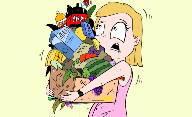 nakupovanie v supermarkete, potraviny, vtipné ilustrácie, rad pri pokladni, pomalá pokladňa