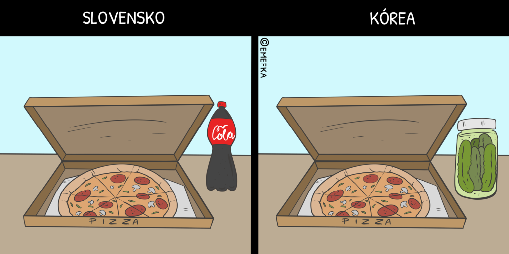 Slovensko, Južná Kórea, rozdiely, ilustrácia, komiks, pizza, kyslé uhorky