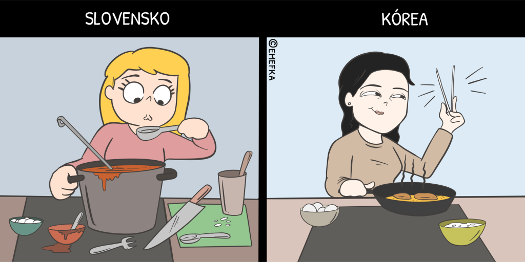 Slovensko, Južná Kórea, rozdiely, ilustrácia, komiks, varenie, paličky