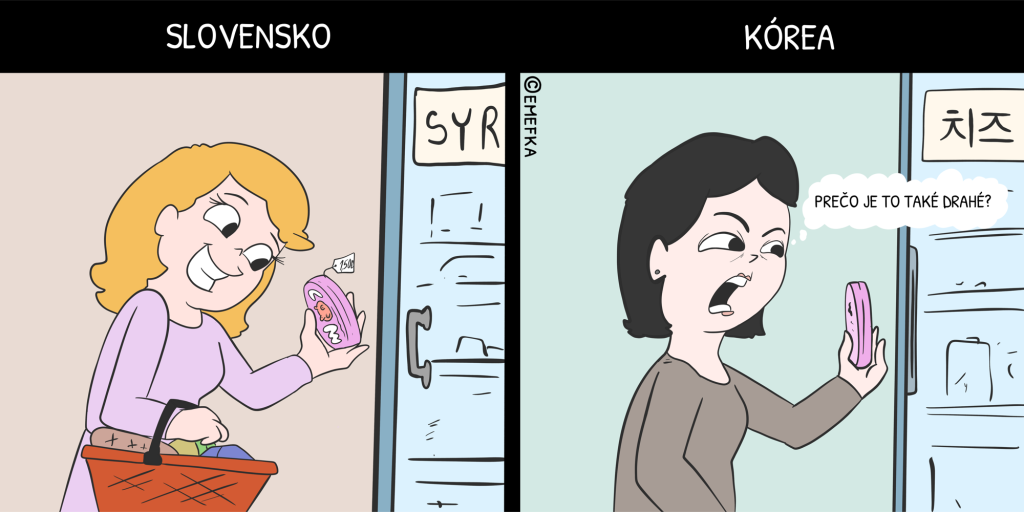 Slovensko, Južná Kórea, rozdiely, ilustrácia, komiks, syr, cena, nakupovanie