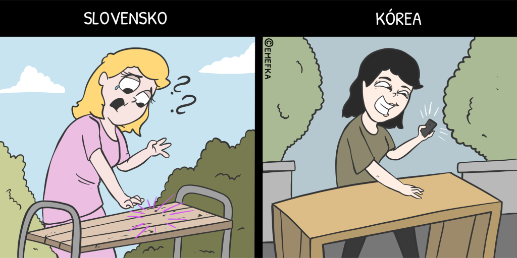 Slovensko, Južná Kórea, rozdiely, ilustrácia, komiks, strata mobilného telefónu