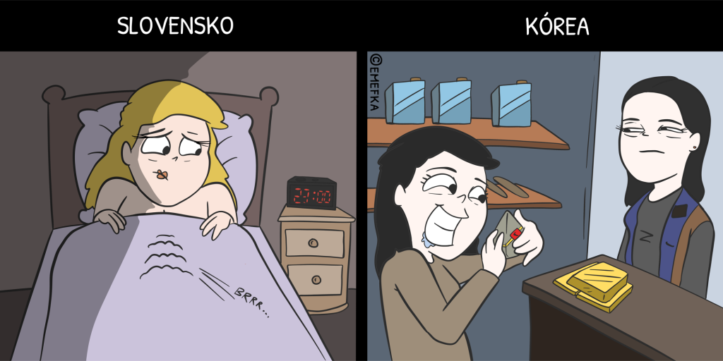 Slovensko, Južná Kórea, rozdiely, ilustrácia, komiks, nonstopka, jedlo, noc, hlad
