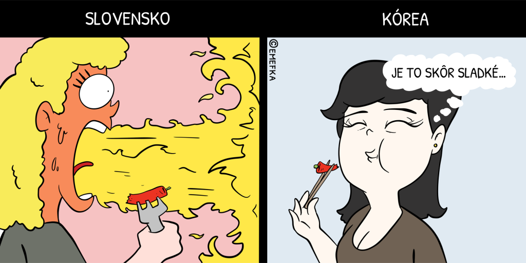 Slovensko, Južná Kórea, rozdiely, ilustrácia, komiks, čili, pikantné jedlo