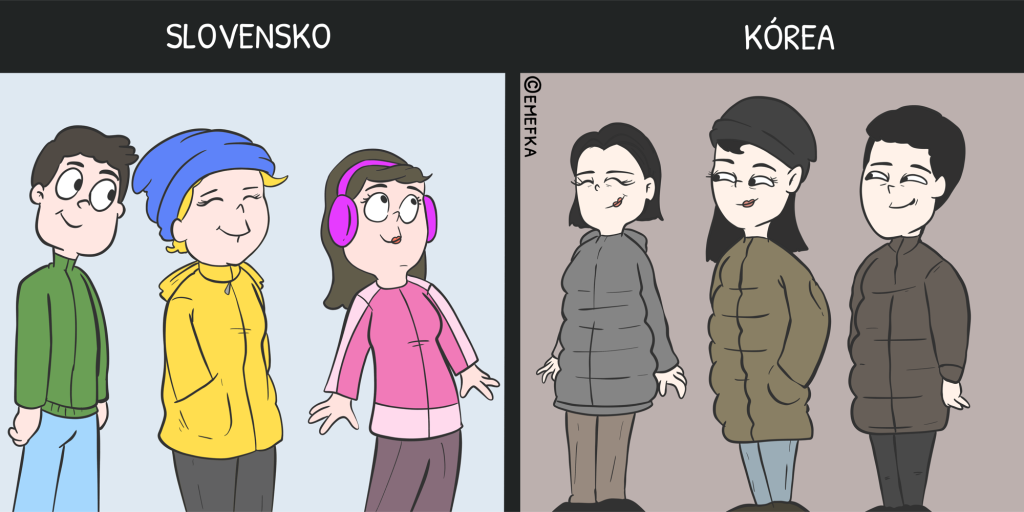 Slovensko, Južná Kórea, rozdiely, ilustrácia, komiks, zimná bunda, kabát