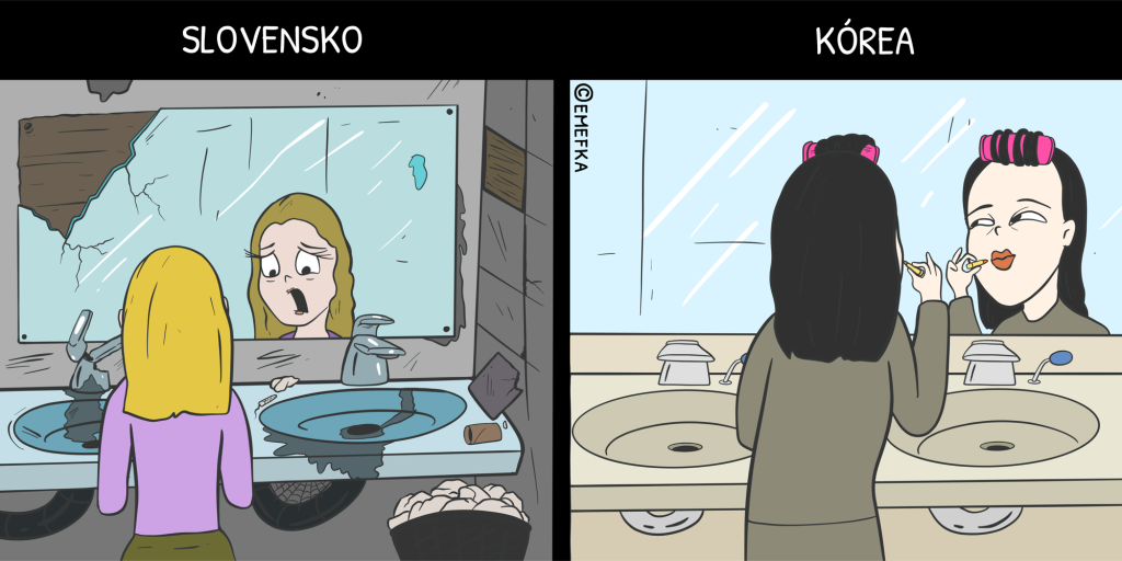 Slovensko, Južná Kórea, rozdiely, ilustrácia, komiks, verejné toalety