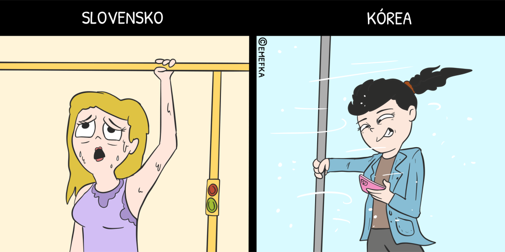 Slovensko, Južná Kórea, rozdiely, ilustrácia, komiks, MHD, metro, klimatizácia